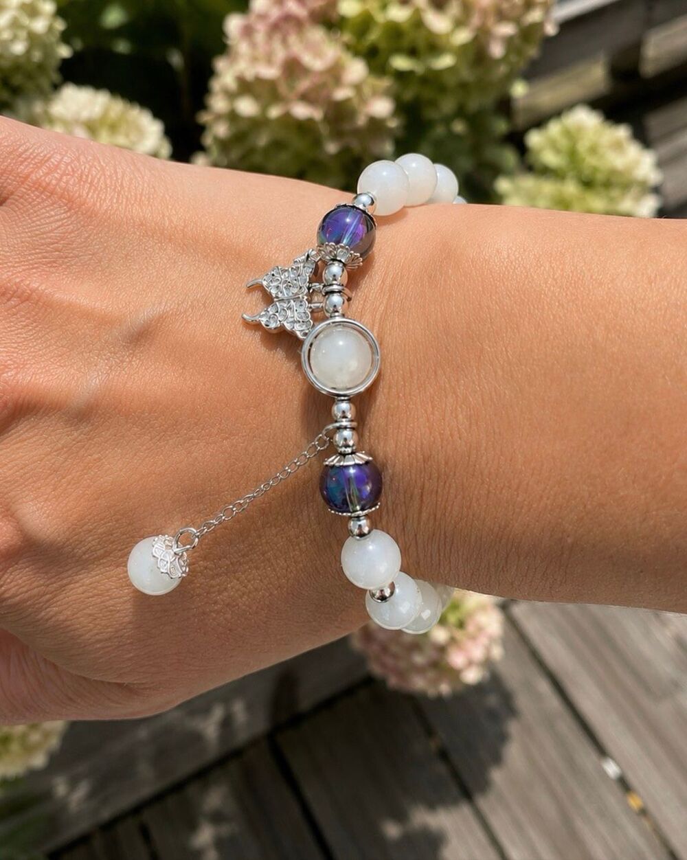 Milky White Beaded Stretch Bracelet with Butterfly Charm